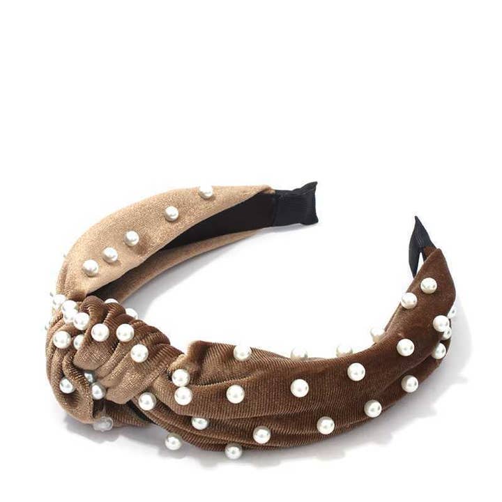 Bruine Zachte Fluwelen Parel Knoop Haarband/Hoofdband voor wholesale door Fleur de lys collections