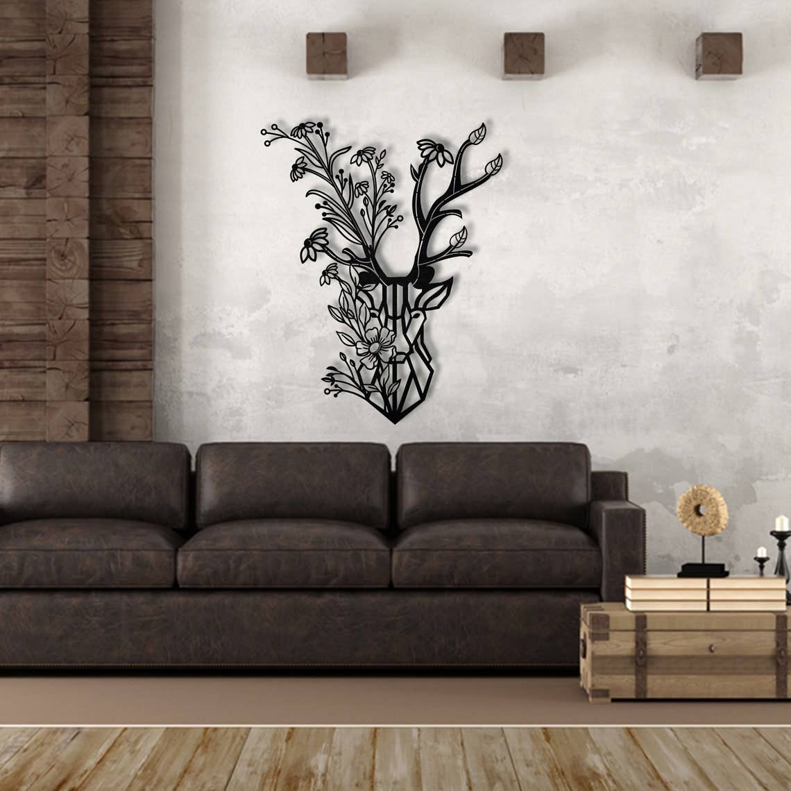 benjashop – Engroshandel 3D-vægkunst – Rustik Buck Deer Wall Decor, Silhuet Blomster Metal Kunst3