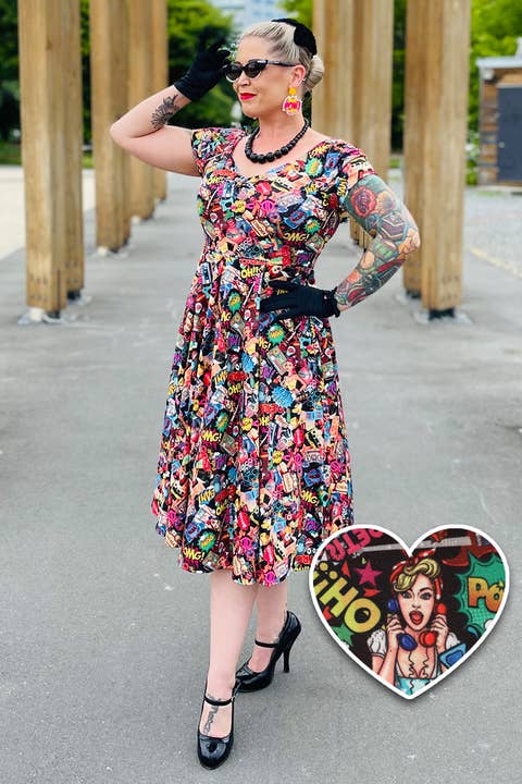 Lily Retro Off Shoulder Pop Art Circle Dress for wholesale by Dolly & Dotty
