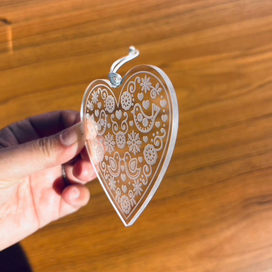 Scandinavian Hearts – wholesale Ornament – Rosemaling Clear Acrylic Laser Cut Hanging Heart Decor5