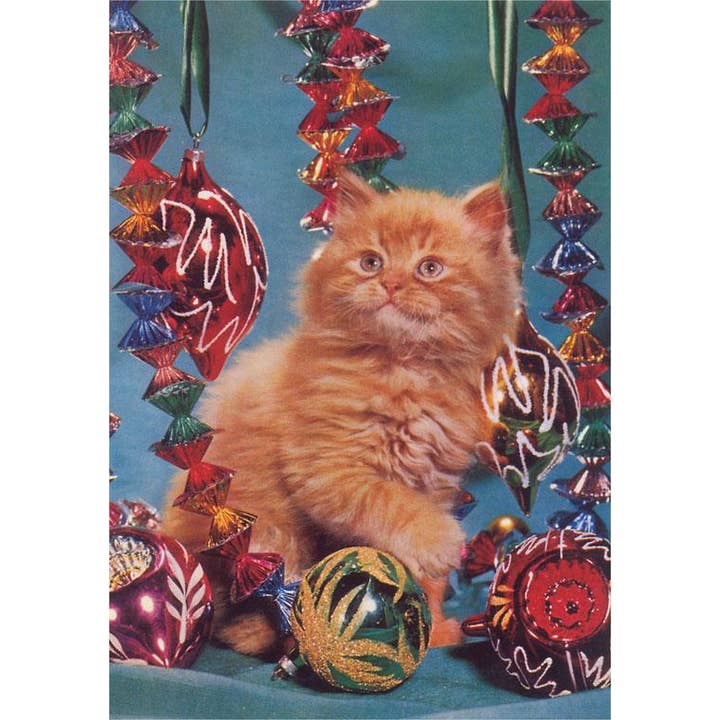 Sticker KC-323 Kitten with Christmas Bulbs for wholesale by Found Image Press