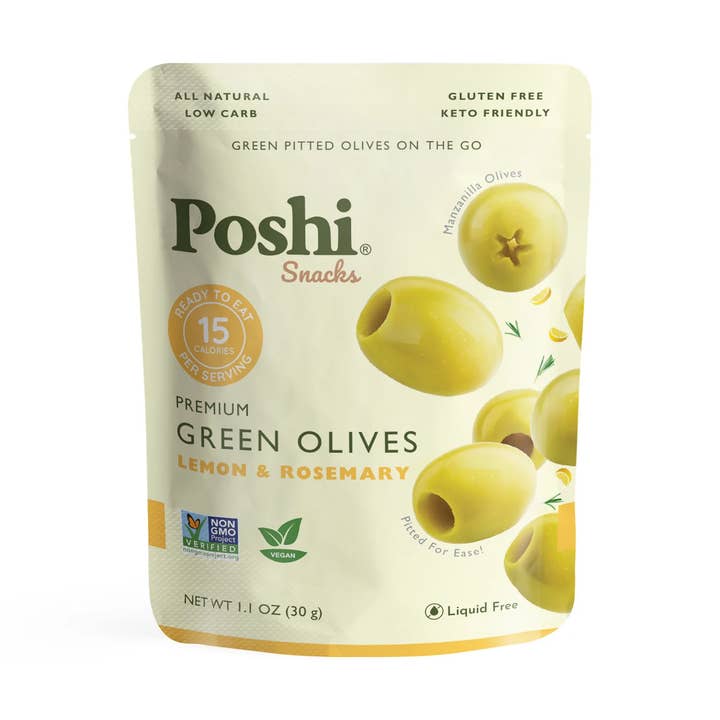 Poshi Snacks -Lemon & Rosemary Pitted Green Olives 1.1oz/300 for wholesale by POSHI