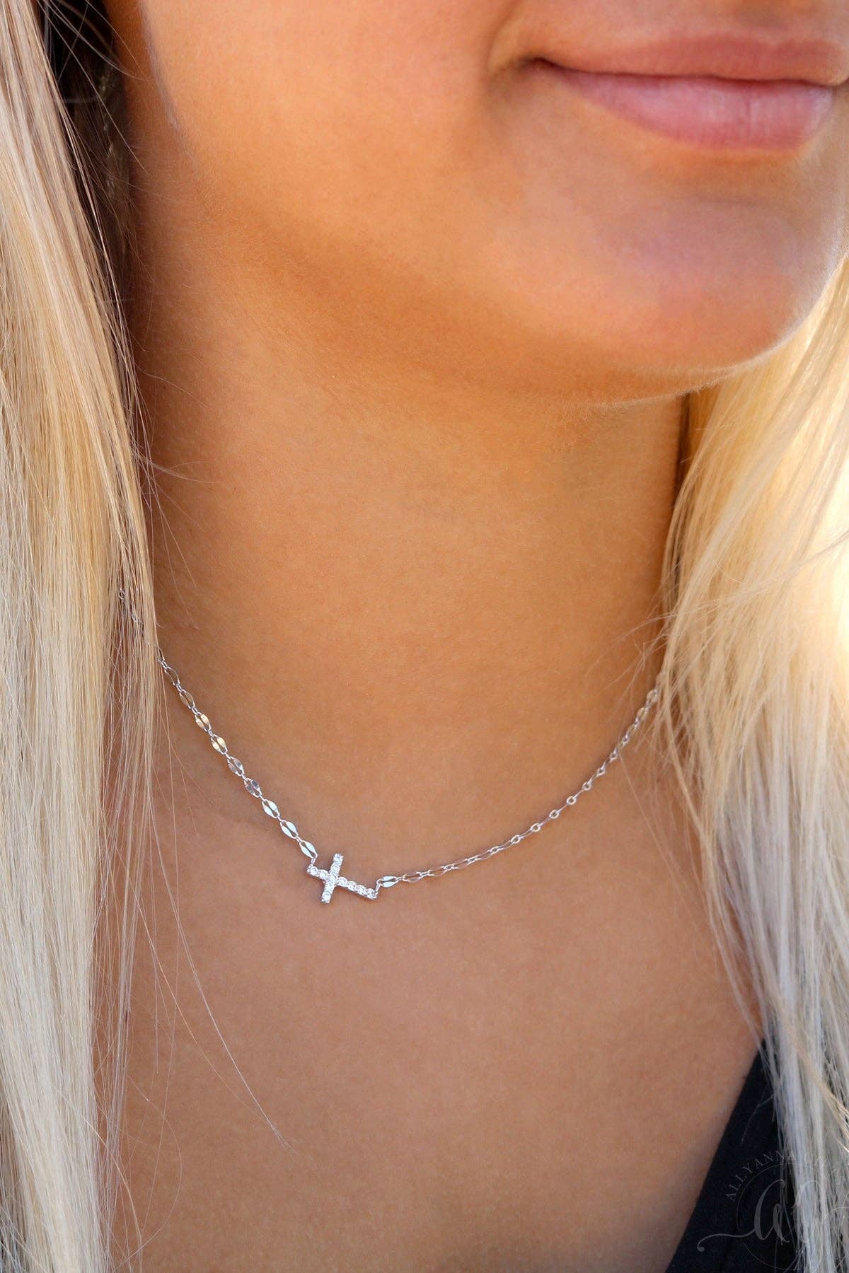 Atlanta Jewelers Supply - Wholesale Pendant/Charm Necklace - Sterling Silver Sideways CZ Cross Necklace