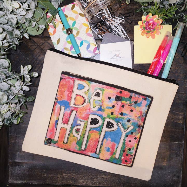 Be Happy Canvas Zip Pouch for wholesale by Julie Abbott Art