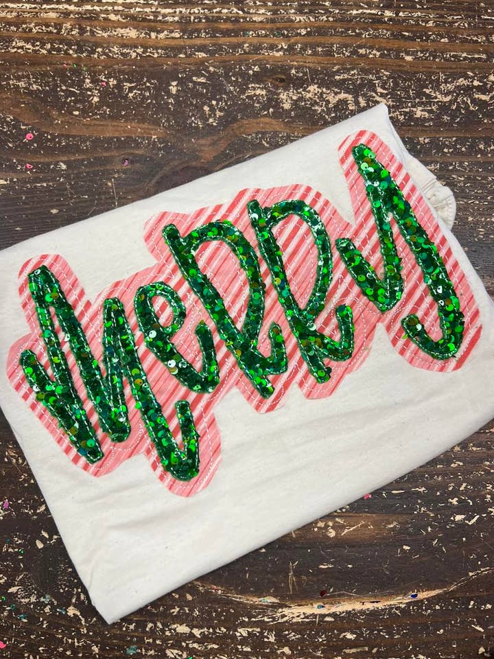 MERRY Double Stacked with Lollipop Stripes/Sequins for wholesale by Sew Fancy Designs
