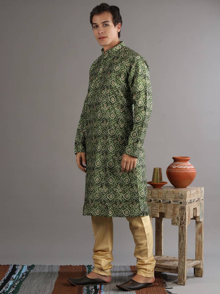Exotic India Art – wholesale Suit set – men's – Bandhani Print Cotton Silk Mandarin Collar Kurta-Pajama Set7