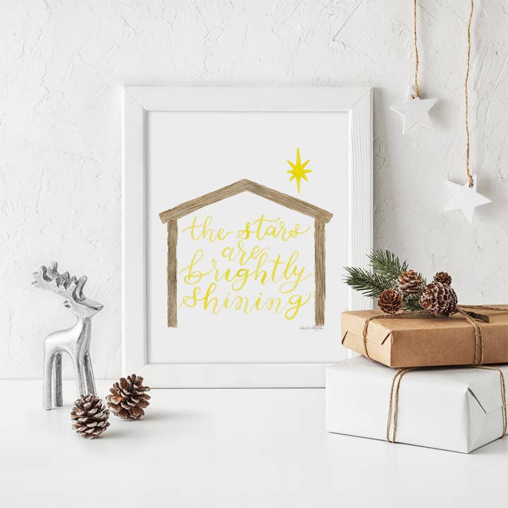 Aquarell-Weihnachtsdruck „The Stars Are Brightly Shining“ für den Großhandel von Erika Layne Art