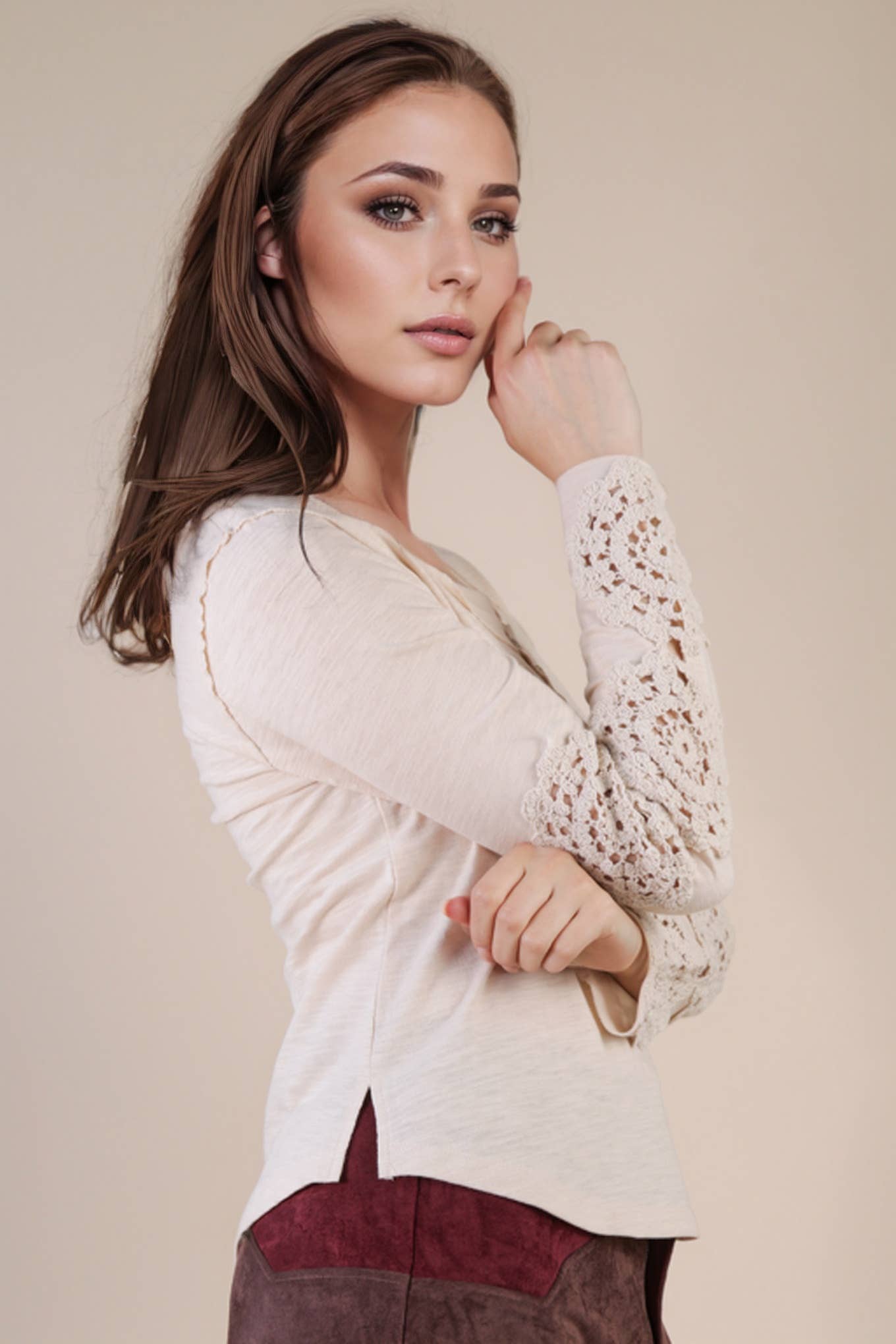 VERY J - Wholesale Knit Top - Women's - NT12252-Sleeve Lace Trim Solid Knit Top19