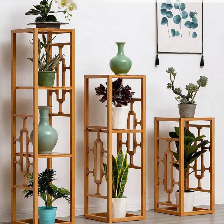 everythingbamboo – wholesale Krukstativ – Premium bambu träväxtställ Dekorationshylla Snidad förvaring Elegant