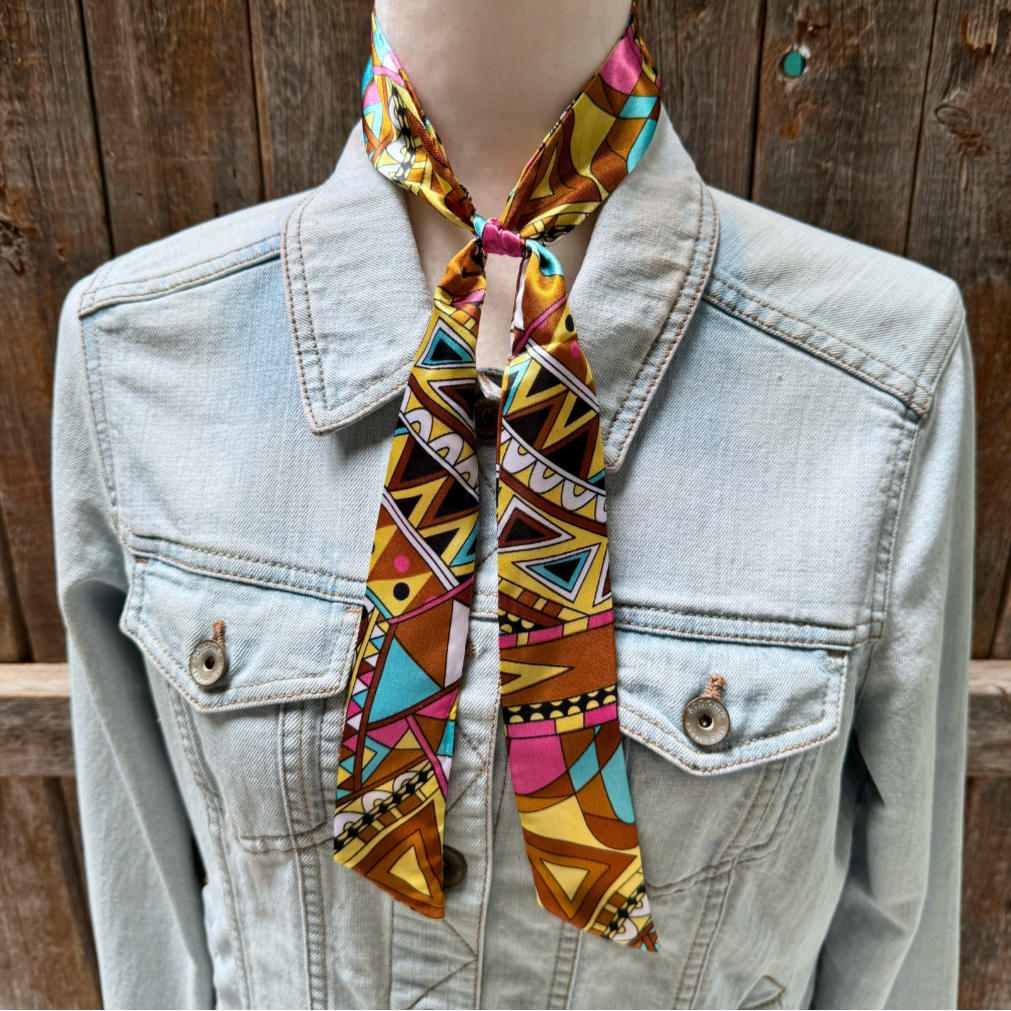 Rodeo Drive - Wholesale Scarf - Unisex - Brown and Yellow Western Skinny Mini Wild Rag Scarf / Cowgirl Necktie #TW3282