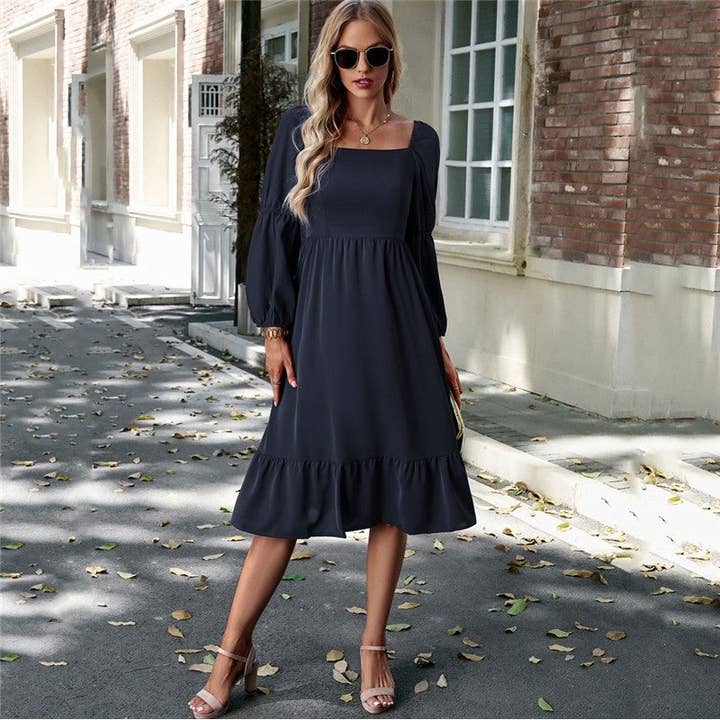 Solid Color Square Neck Ruffle Skirt Waisted Long-Sleeved Dress for wholesale by ShieldChic