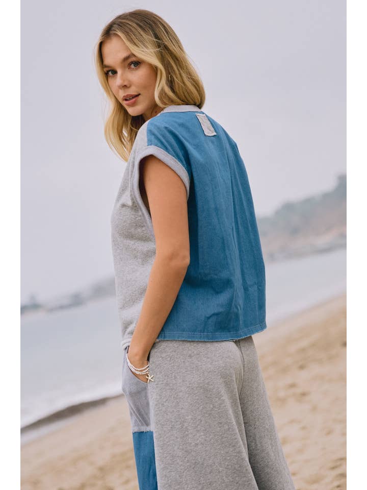 Oddi – wholesale Loungewear-topp - Dam – Plus tvättad fransk frotté denim Mixed Muscle Tank 2