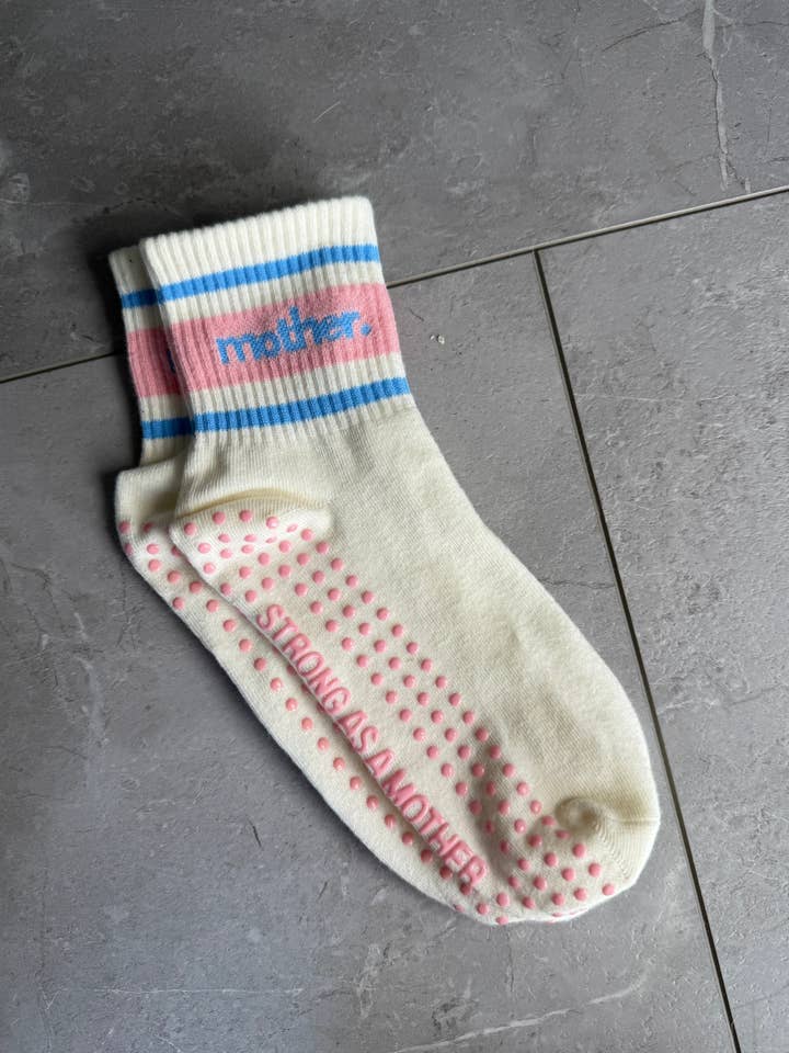 Blue Pink Throwback Half Crew Striped Grip Socks for wholesale on Faire