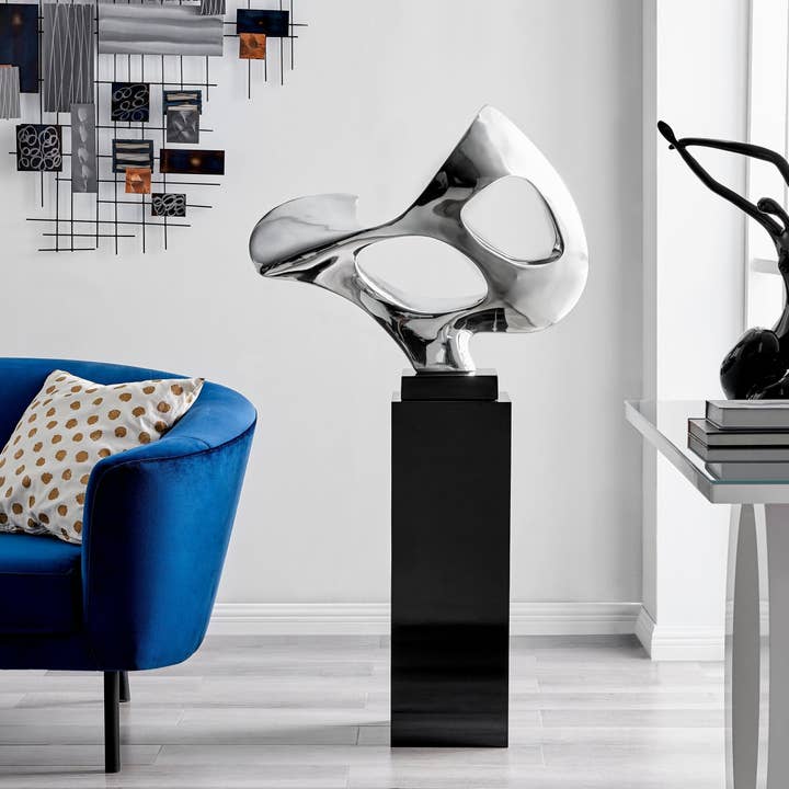 Finesse Decor - Wholesale Sculpture - Chrome Abstract Mask Floor Sculpture With Black Stand, 54" Tall