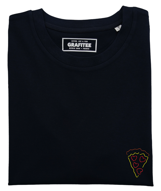 Black T-shirt embroidered with Pizza Love 100% organic cotton GOTS for wholesale on Faire2