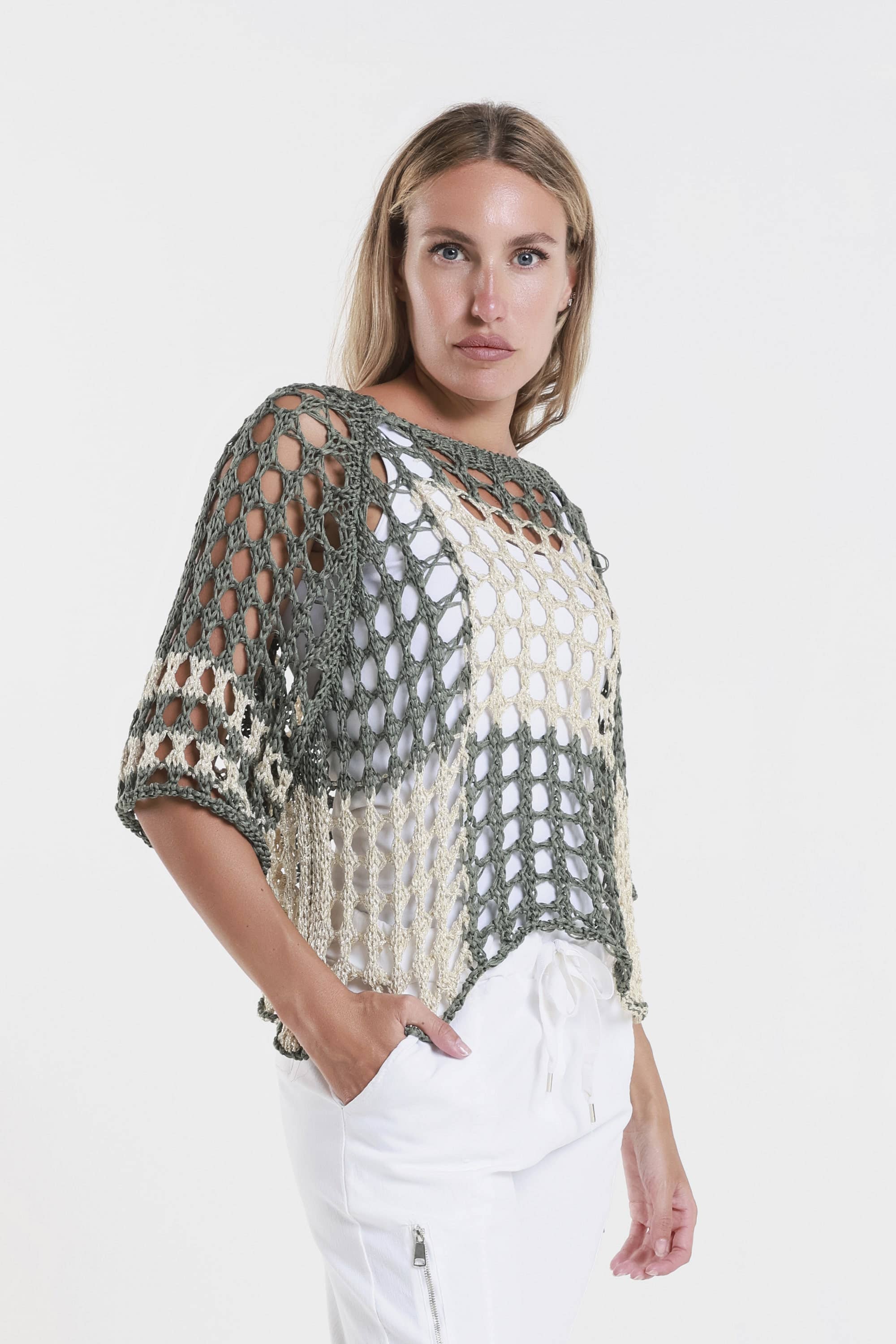 TINA Stephens Italy/Tees By Tina - Vendita all'ingrosso Maglione tricot - Donna - Doris Ballet Slv - Maglia quadrata bicolore (BQ906)14