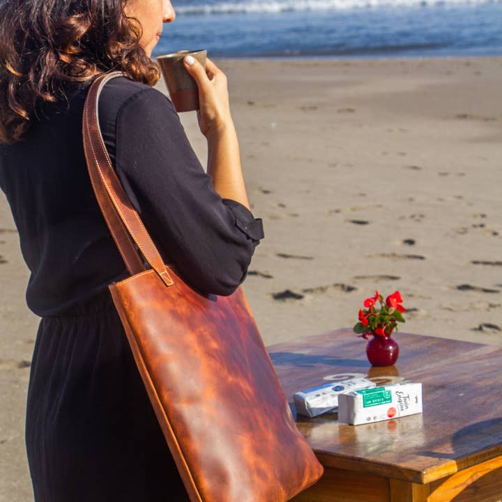 Twin Engine Coffee - Wholesale Tote Bag - Women's - Tote in Leather / Brown / Fair trade Handmade Artisanal