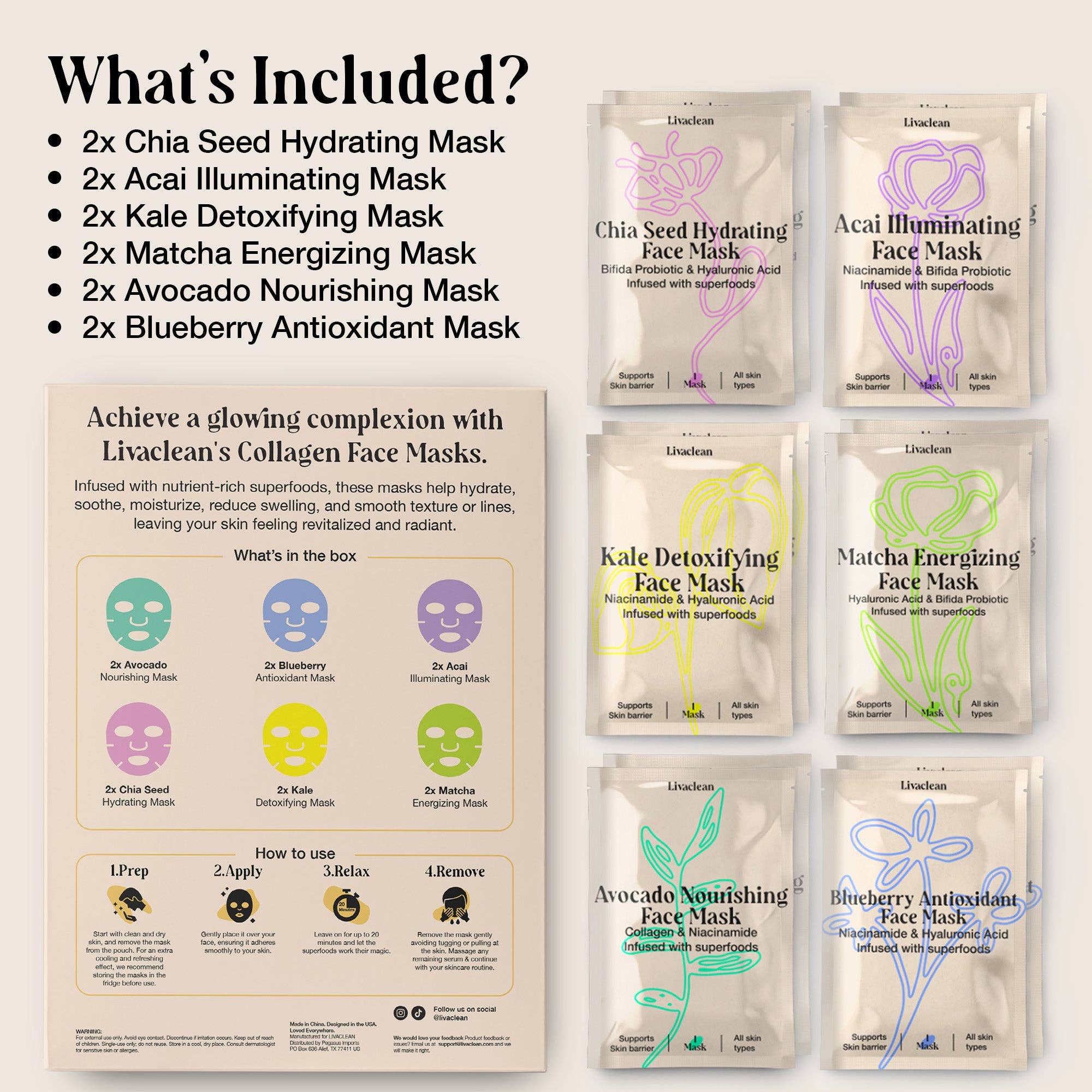 Livaclean - Wholesale Skincare Face Mask - 12 ct Collagen Face Mask with Superfoods1