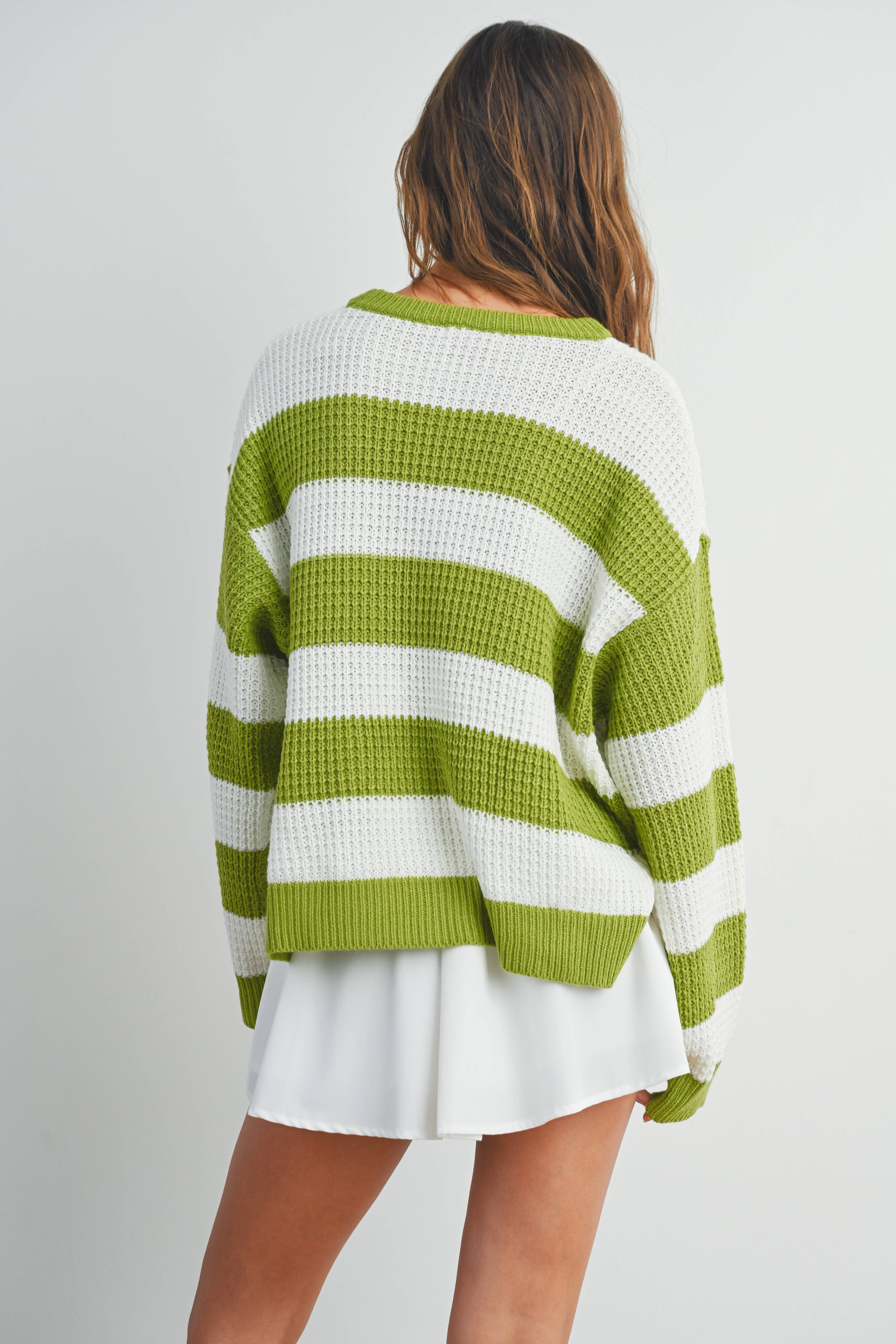 BUTTERMELON - Wholesale Knit Sweater - Women's - Striped Round Neck Long Sleeve Sweater - BMW732914