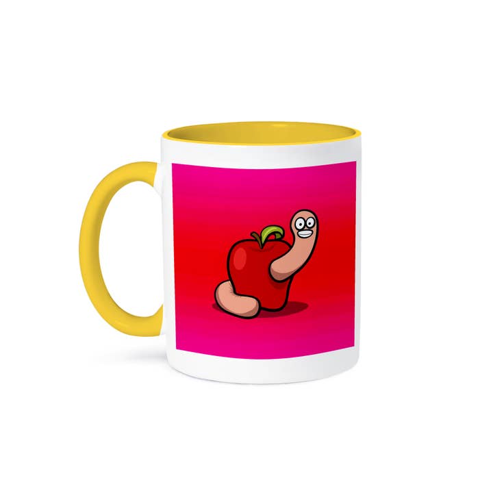 3dRose - Wholesale Coffee mug - 3dRose, Apple with Worm Cartoon with Pink and Red Background, Mug