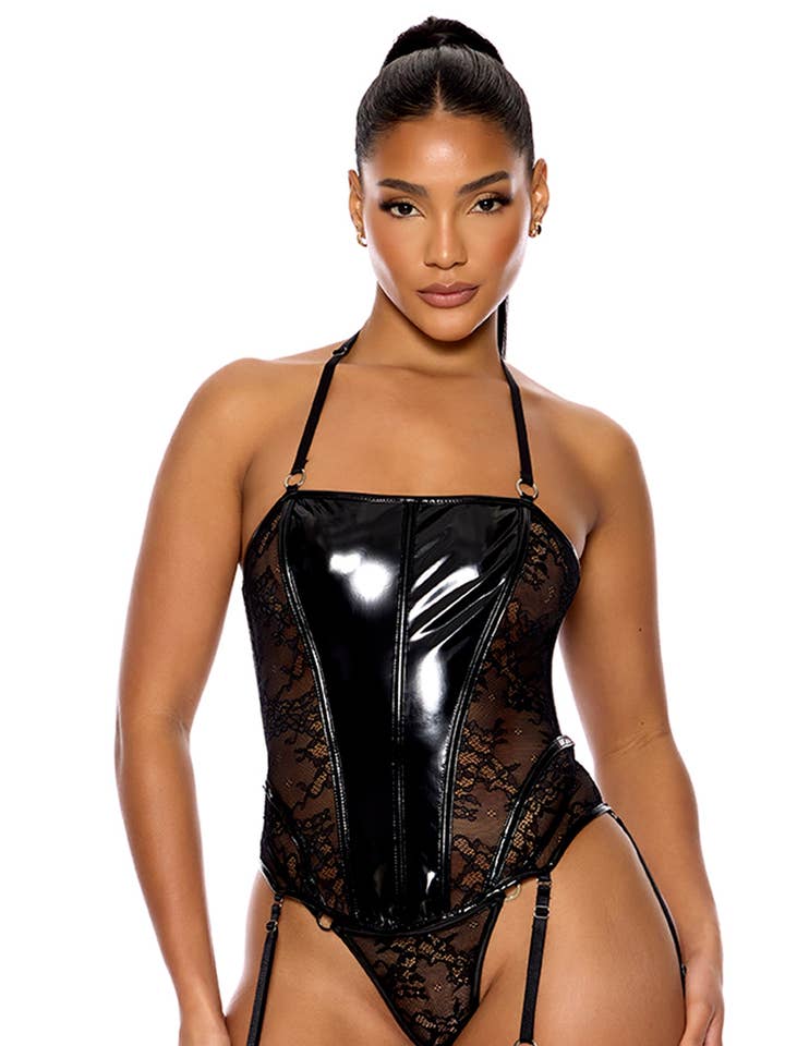 Perfect Pair Vinyl and Lace Bustier Lingerie Set - Black for wholesale by Forplay Inc.