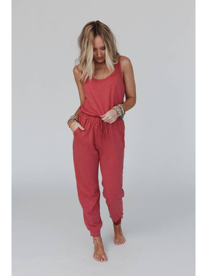 Set to Go Textured Jumpsuit And Cardigan Set - Deep Rust for wholesale on Faire