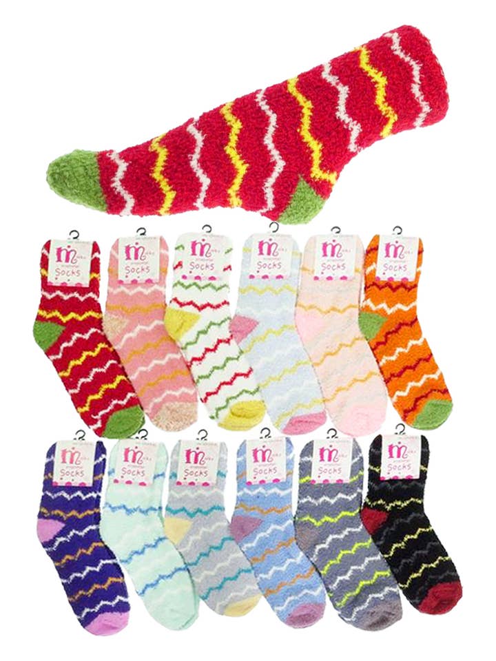 Cap Zone - Wholesale Socks - Women's - Women's Chevron Indoor Mid-Crew Fuzzy Socks