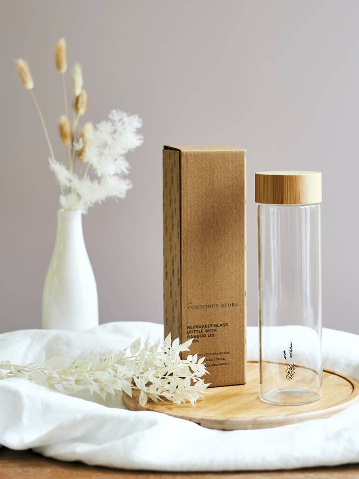 Reusable Glass Bottle with Bamboo Lid for wholesale by The Conscious Store