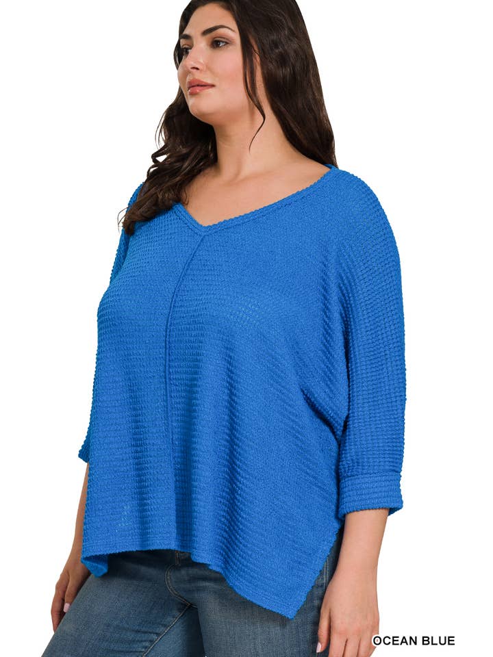 BLACK  ",,..PLUS SIZE 3/4 SLEEVE V-NECK HI-LOW HEM JACQUARD SW for wholesale on Faire3