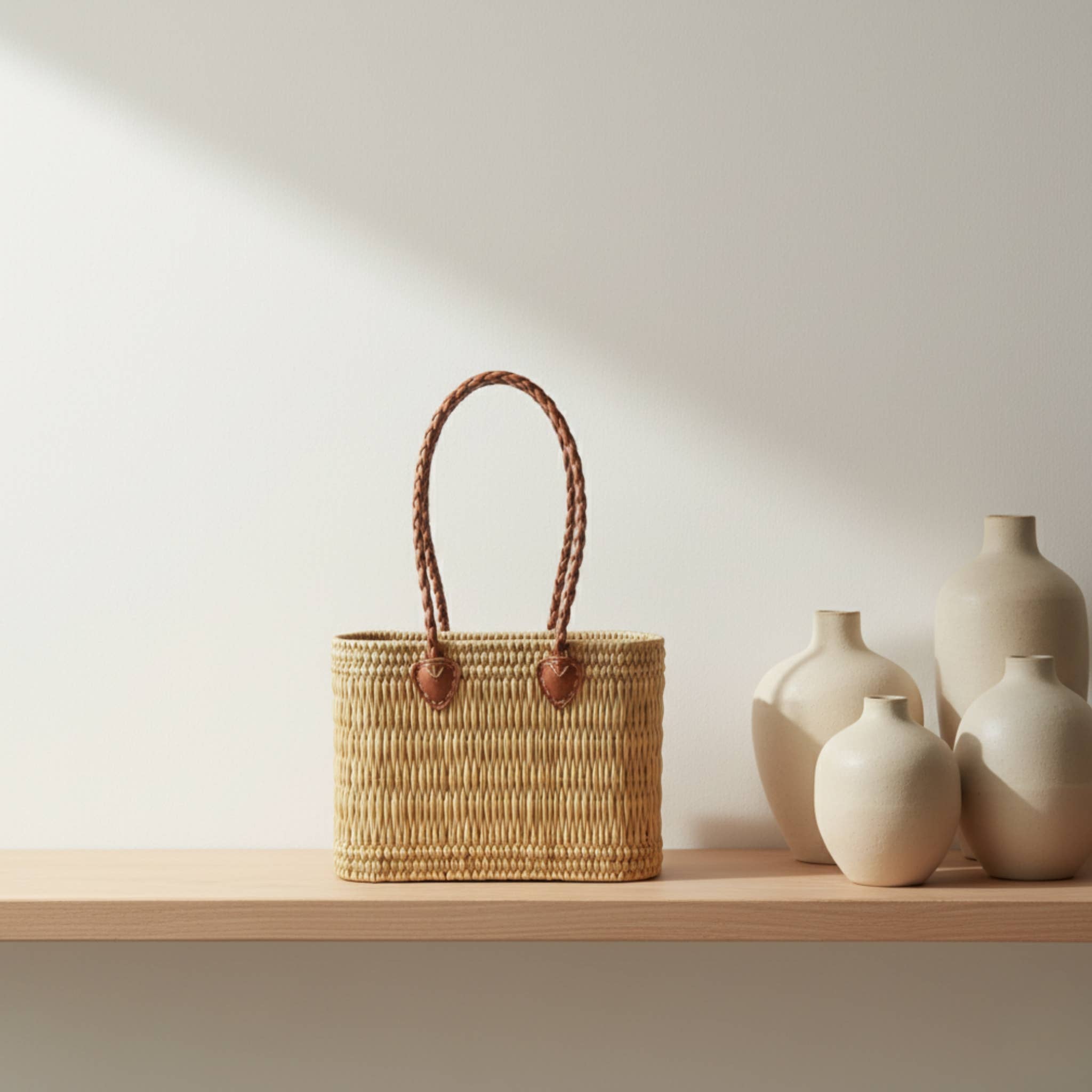 LeBazare - Wholesale Beach Bag - Panier en roseau tissé à la main avec poignées en cuir tressé4