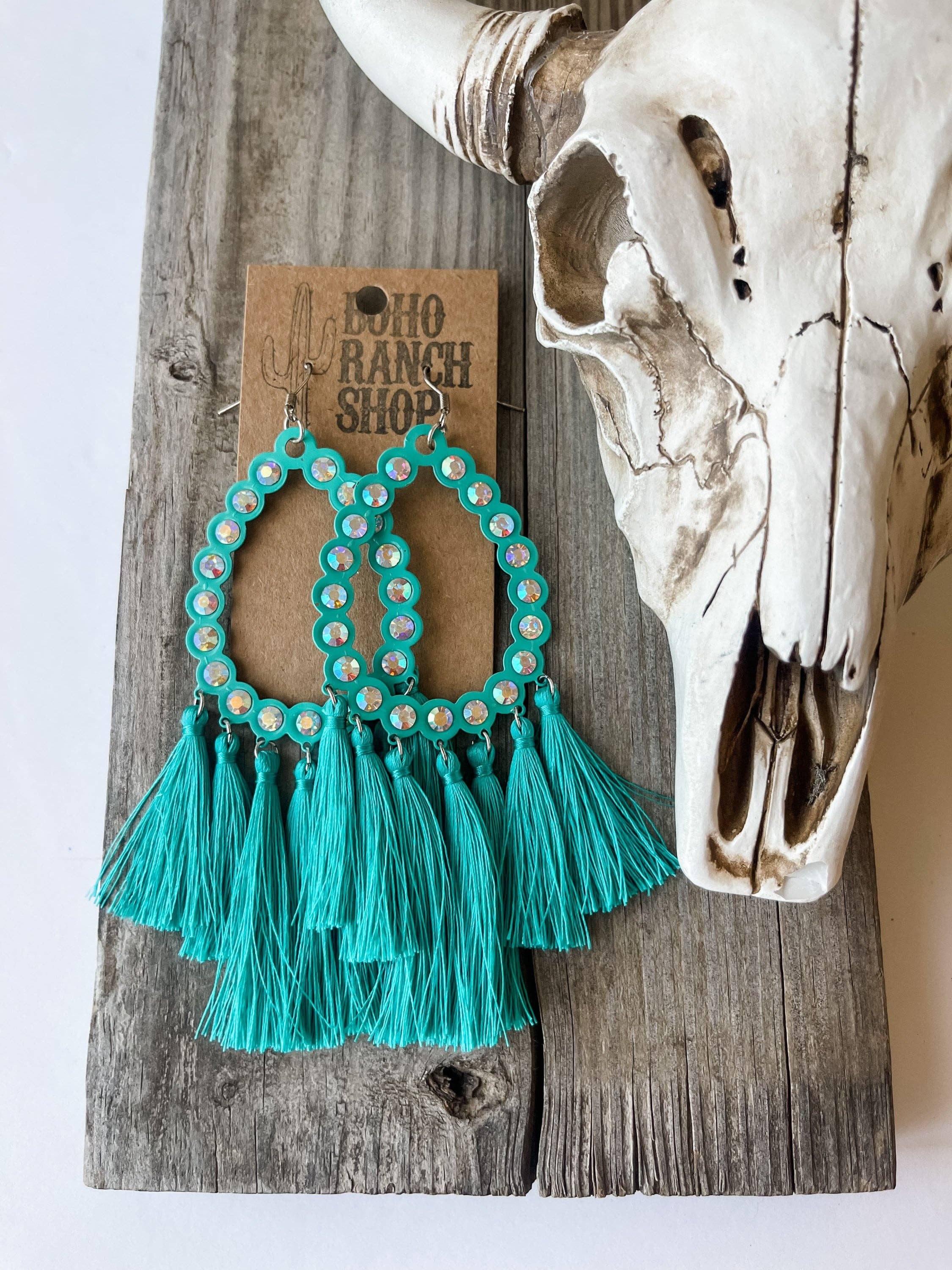 Boho Ranch Shop - Wholesale Tassel Earrings - Western Rhinestone Teardrop Tassel Earrings - LARGE0