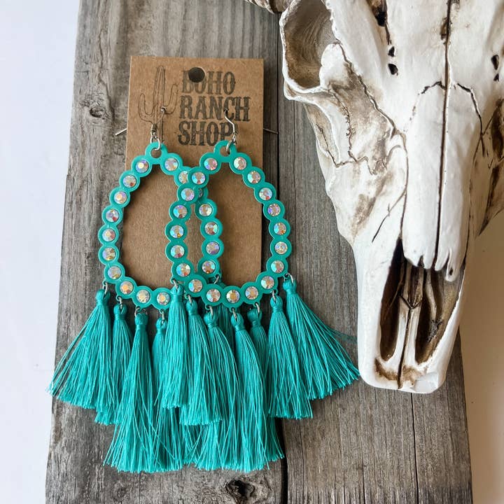 Boho Ranch Shop - Wholesale Tassel Earrings - Western Rhinestone Teardrop Tassel Earrings - LARGE