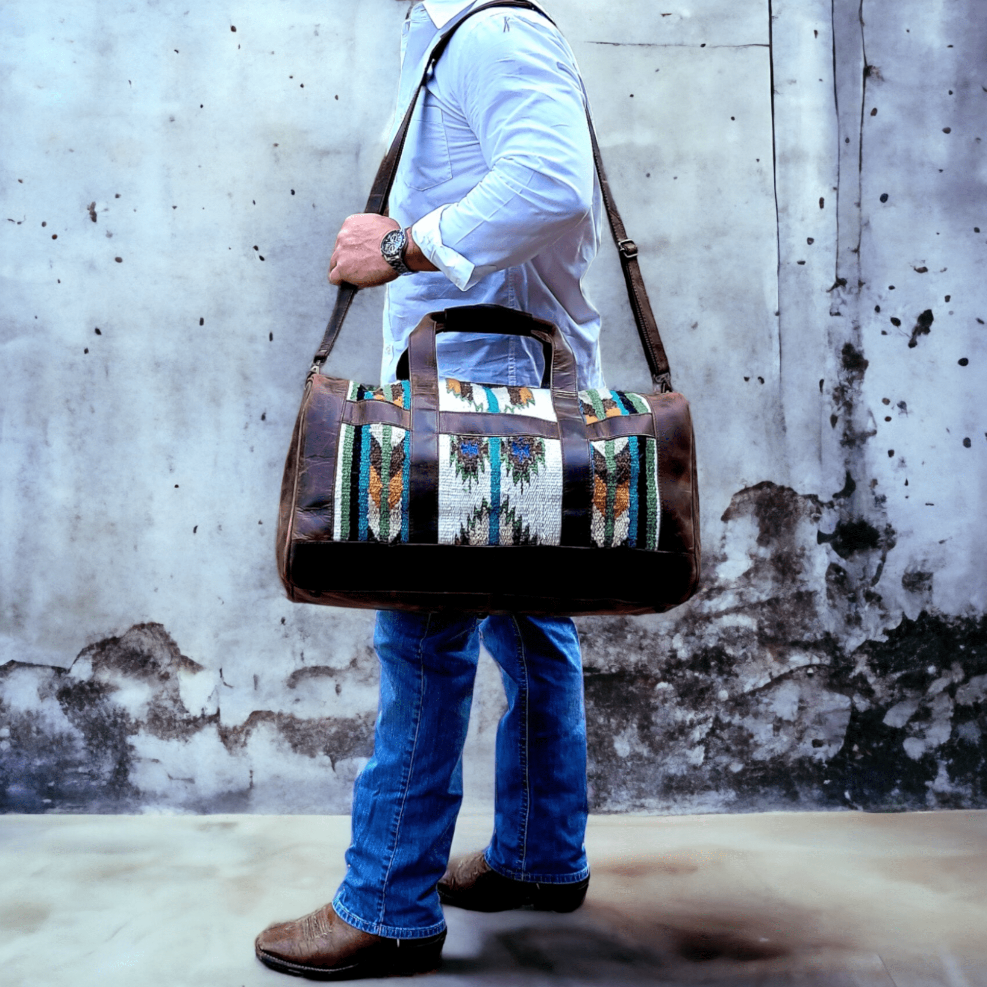 Ranch Junkie - Wholesale Weekender Bag - Unisex - Southwestern Saddle Blanket Aztec Weekender Aspen Leather Duffel Bag2