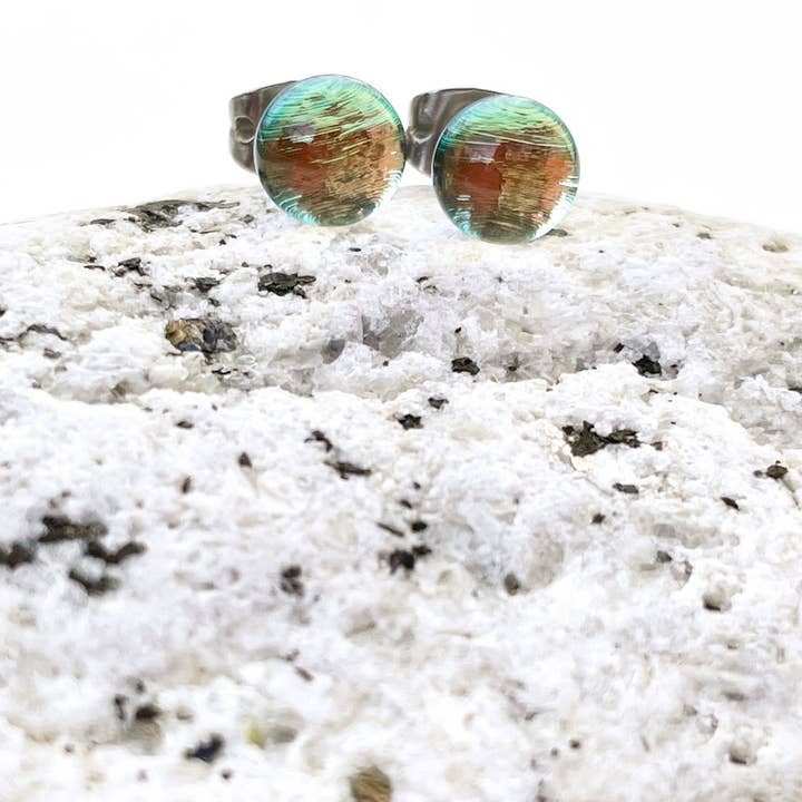 Flame Work Designs - Glass Jewelry - Wholesale Stud/Post Earrings - Dichroic Glass Mini Studs, Peaches 'n' Cream 6mm Earrings3