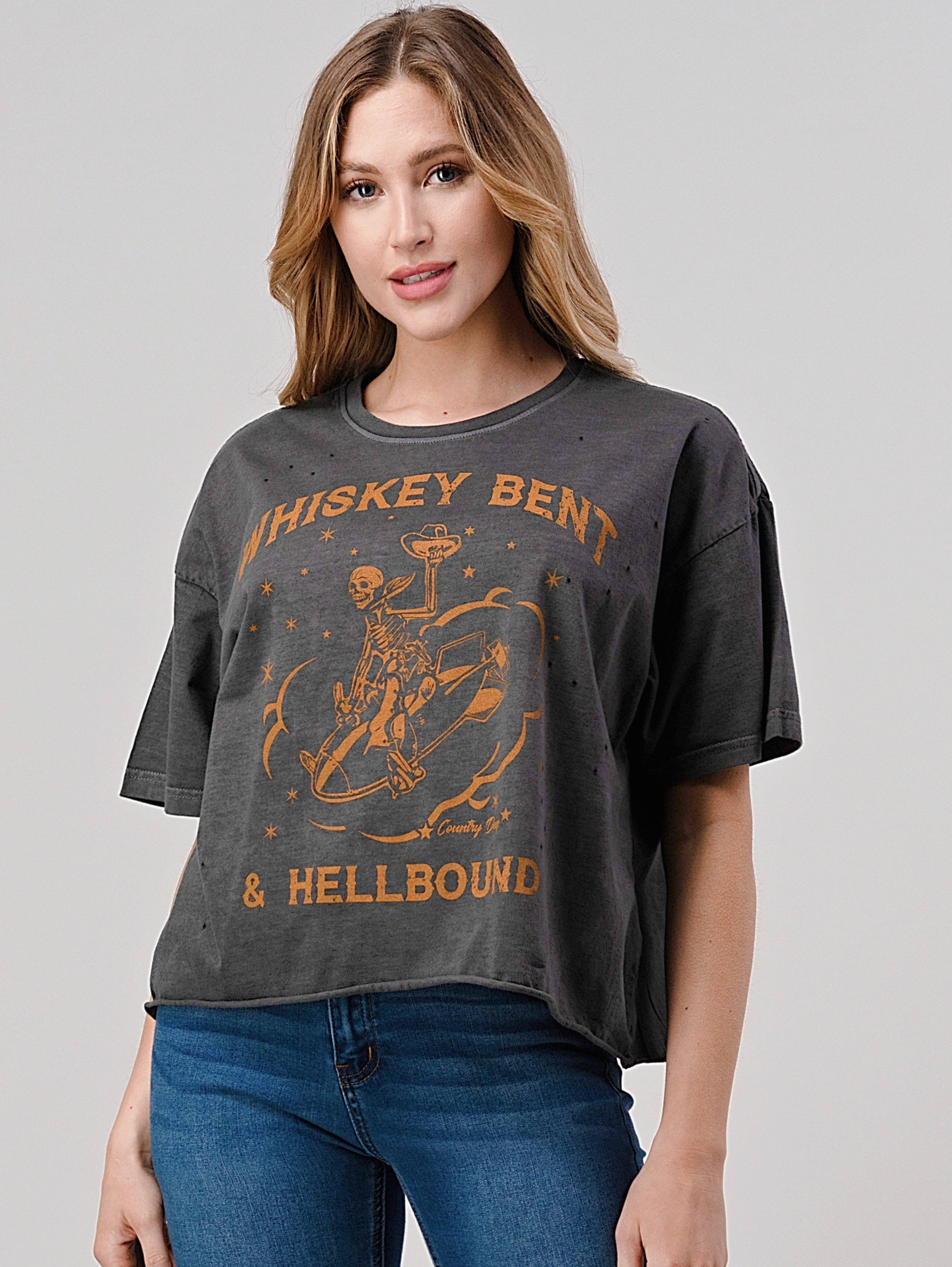 Country Deep Apparel – wholesale Screen printed t-shirt – Women′s – Whiskey Bent Hellbound OVERSIZED 90's vibe distressed Cropped T- shirt