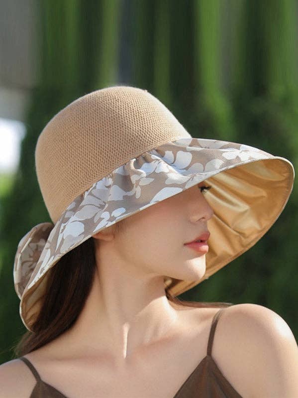 Bowknot Flower Print Pleated Split-Joint Sun Protection Fisherman Hat Sun Hat for wholesale by StyleGalX