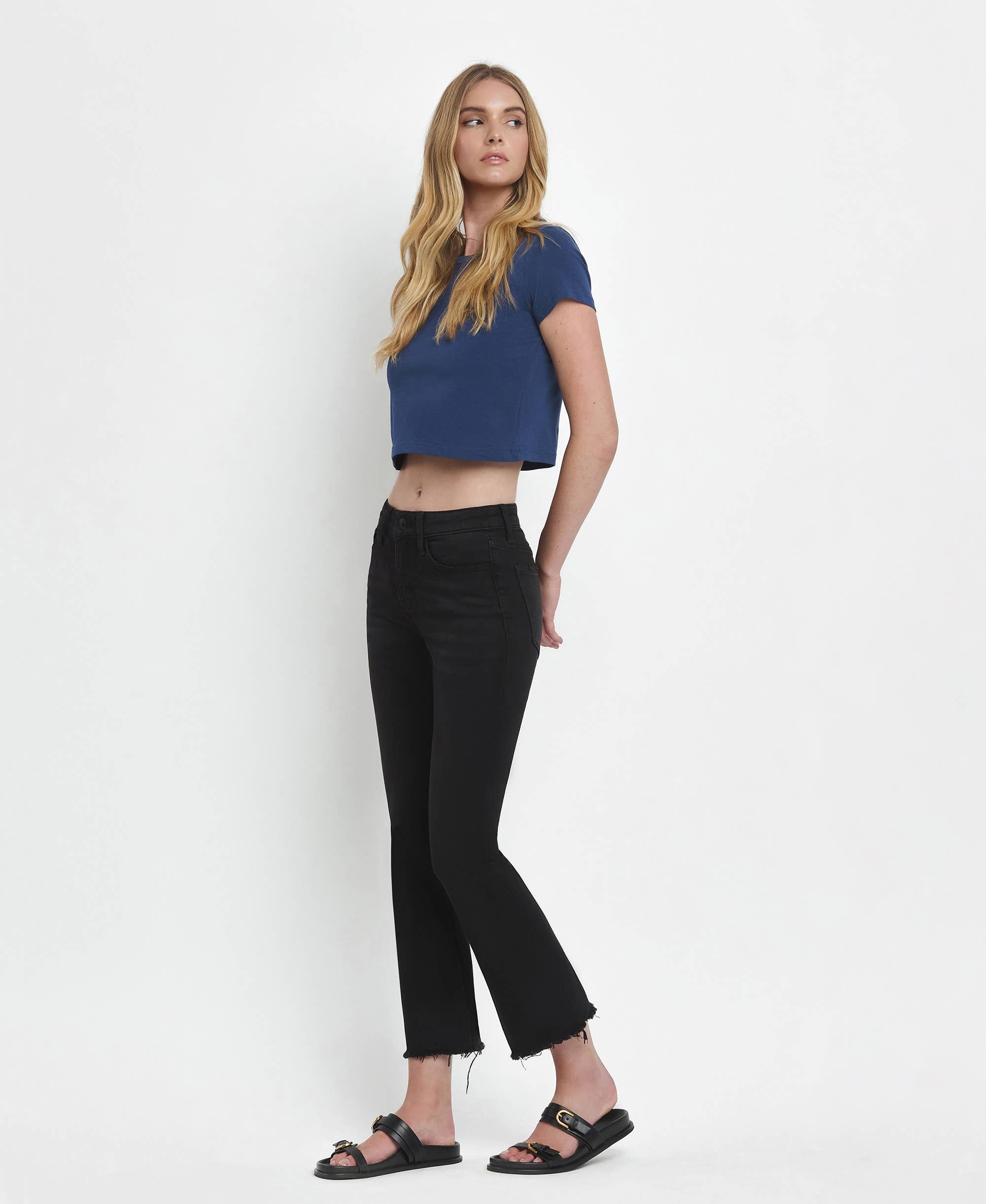 GRANDEUR MID RISE RAW DISTRESSED HEM CROP FLARE JEANS LV1145 for wholesale on Faire9
