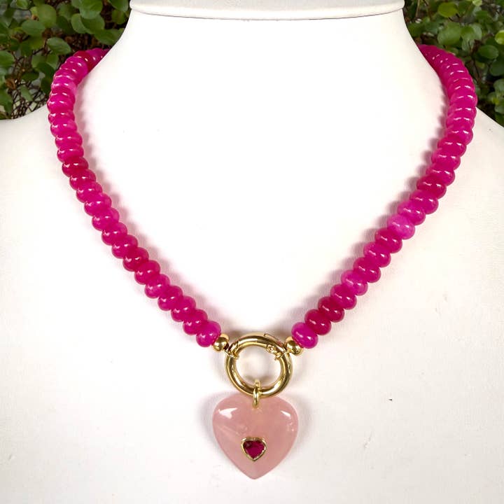 Pink Gemstone Heart Necklace - Dark Pink for wholesale by Allie Beads