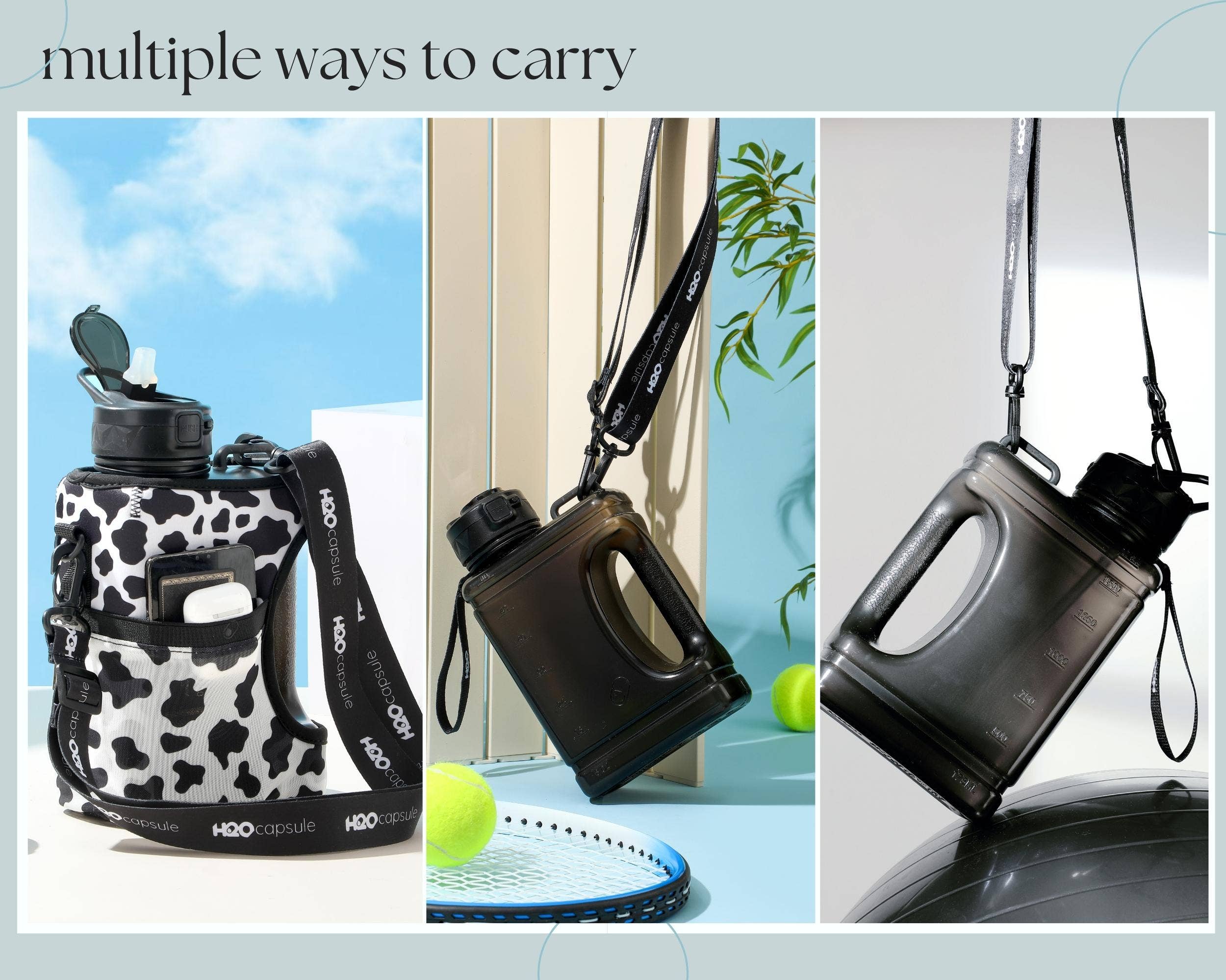 H2O Capsule – wholesale Water bottle – Cow - Cube - Half Gallon Water Bottle with Storage Sleeve and 2 lids3