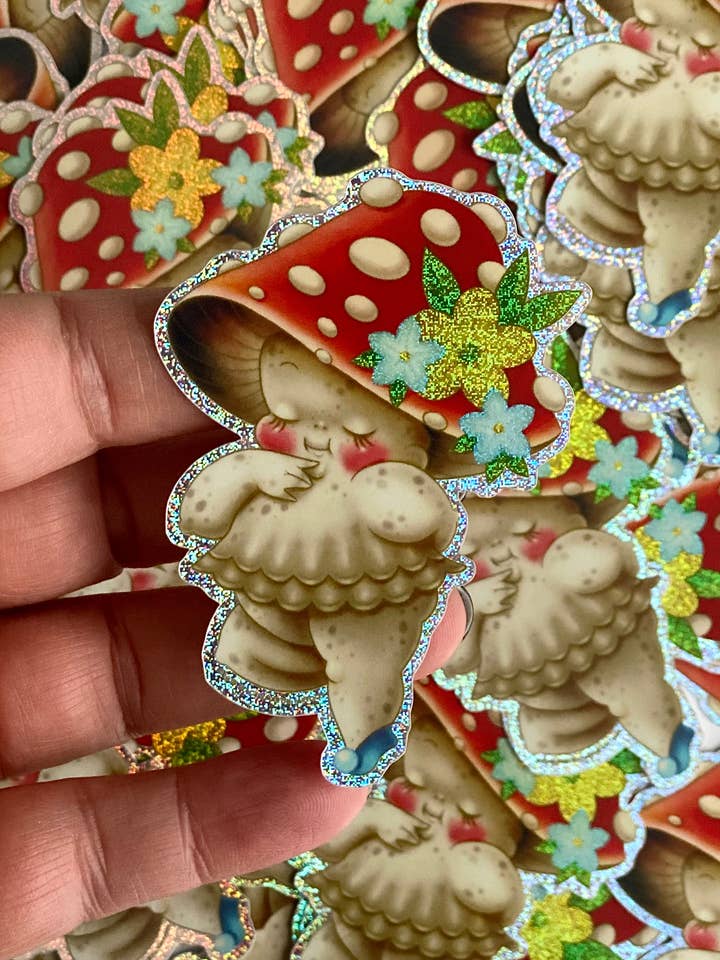 Amanita the Magic Mushroom Kewpie Sticker for wholesale by Stacey Martin Tattoos