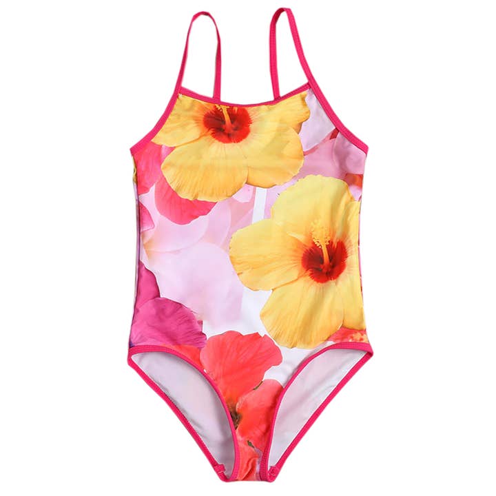 Maillot de bain 1 pièce fille à motif floral tropical pour la vente par Fennco Styles