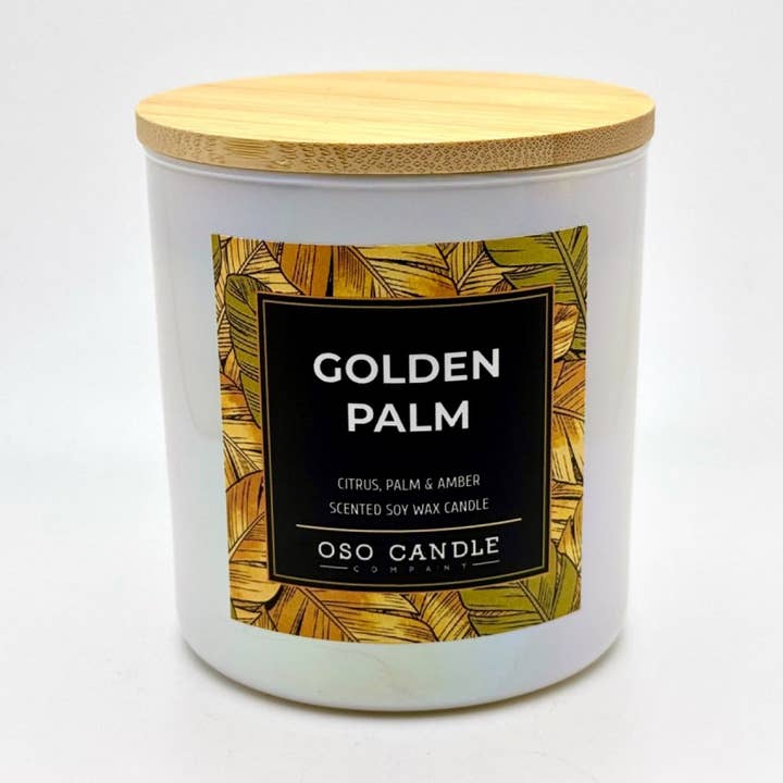 Golden Palm | 8.5 oz Glass Jar Soy Wax Candle for wholesale by Oso Candle Company