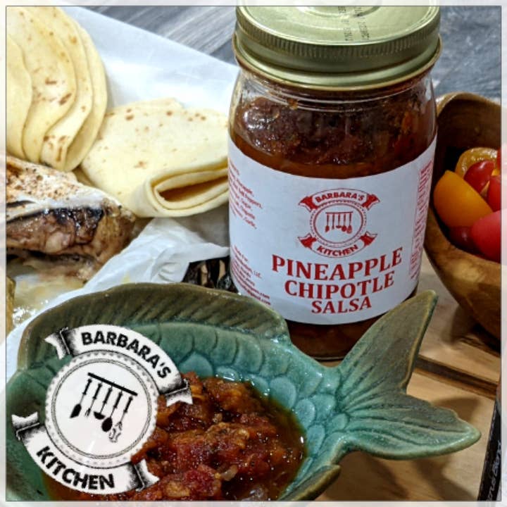 Pineapple Chipotle Salsa 18oz jar for wholesale by Barbara's Kitchen Jams & Salsas