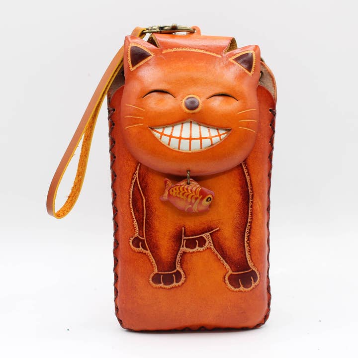 Pb22 leather cell phone case happy cat for wholesale by Sunflower Handmade leather inc