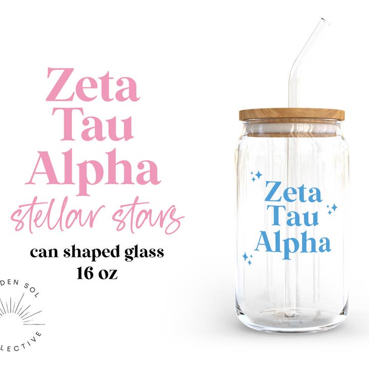 Tazza in vetro Zeta Tau Alpha Stellar Stars con coperchio e cannuccia per la vendita all'ingrosso da parte di Golden Sol Collective