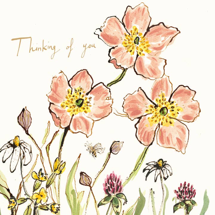 Thinking of you Flowers Gold Foil Card for wholesale by Anna Wright Ltd
