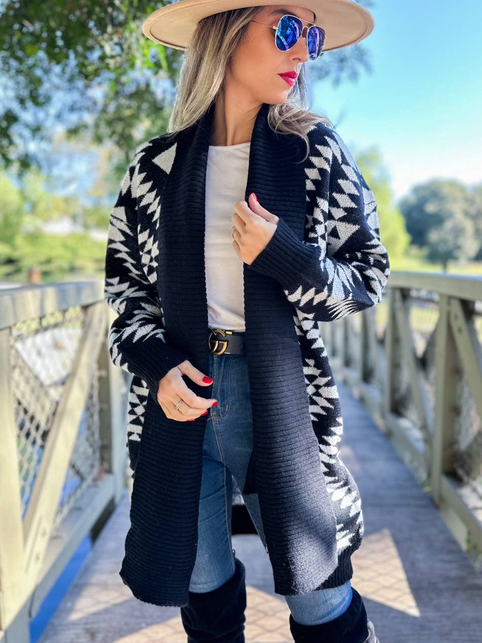 Black Aztec Printed Lightweight Cardigan with Pockets for wholesale on Faire5