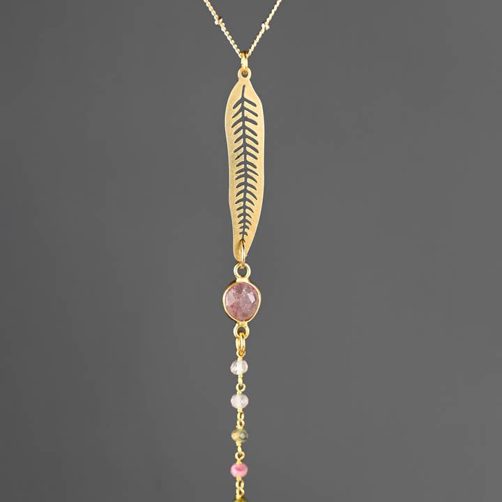 Leaf w/ Strawberry Quartz & 6 Multi Tourmaline Y Neck for wholesale by KBD Studio