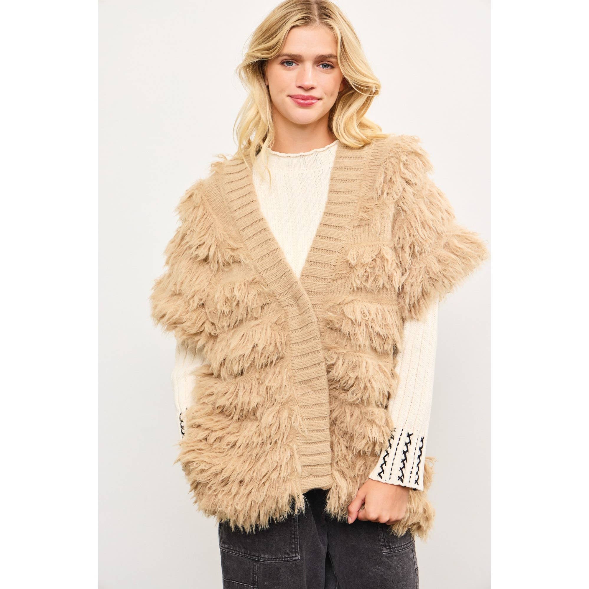 Blue Bunny Inc – wholesale Jacket – Women's – Fringe Shaggy Cap Sleeve Sweater Jacket2