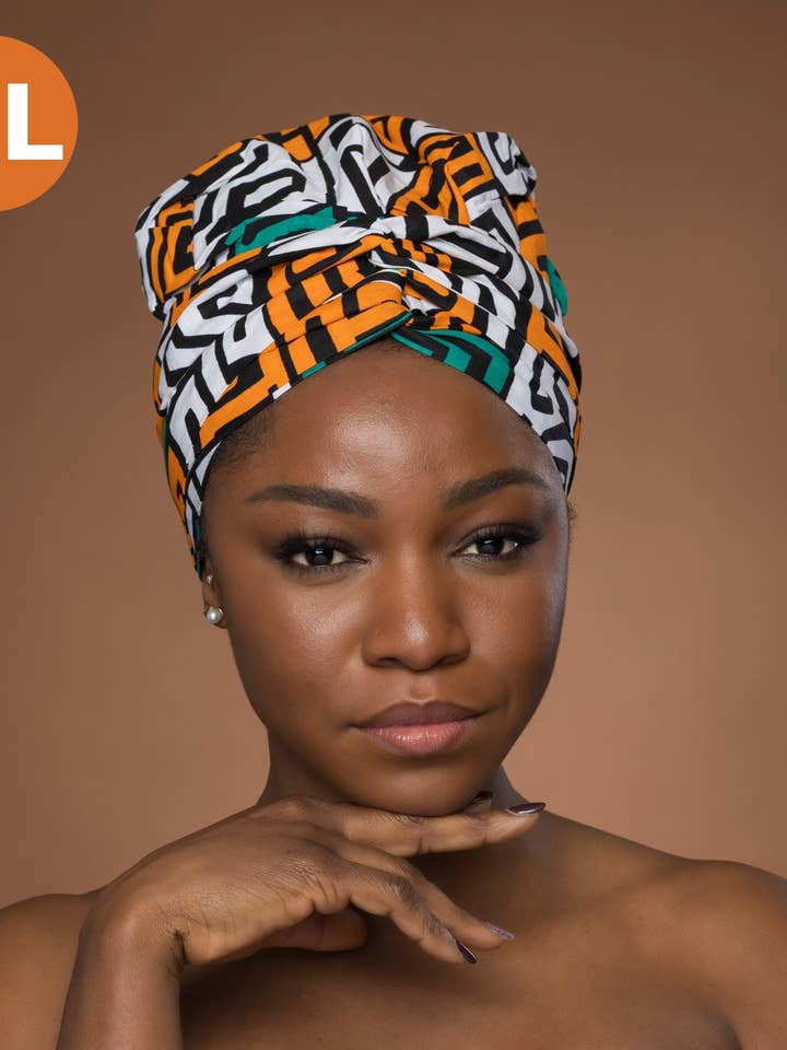 XL Easy headwrap - Satin lined hair bonnet - Teal Yellow Kuba Blocks Congo for wholesale by AfricanFabs